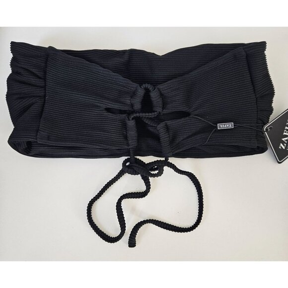 Womens M Black Ribbed Two-Piece Strapless Bikini Set Drawstring Bandeau Top Sexy - Picture 5 of 10